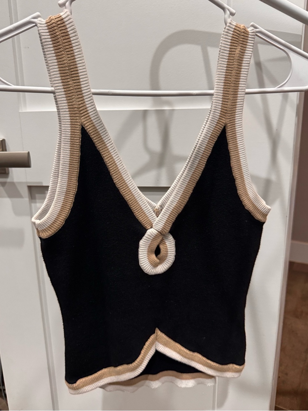 Promesa Black Knit Tank with Cream & Tan Trim, Size M